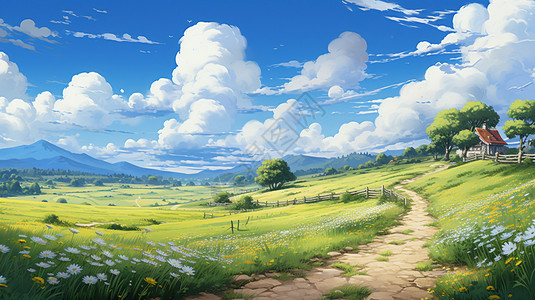 田野景观的平面插图图片