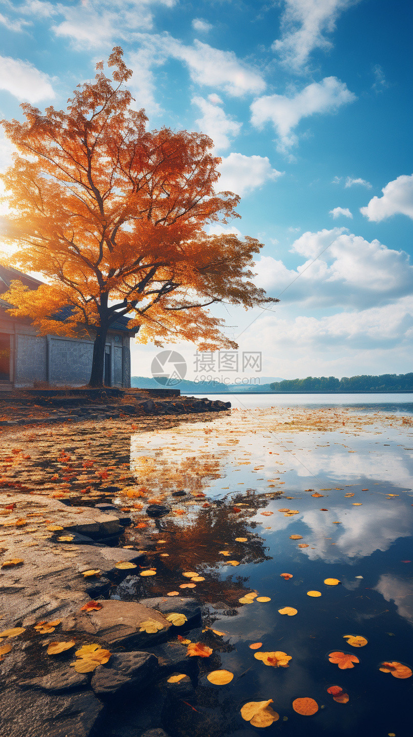 秋天山间湖泊的美丽景观图片