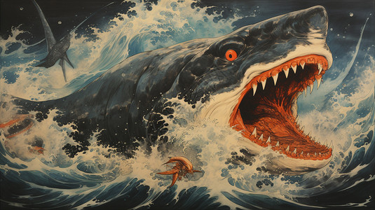 黑鳍鲨凶猛的黑鲨平面插图插画