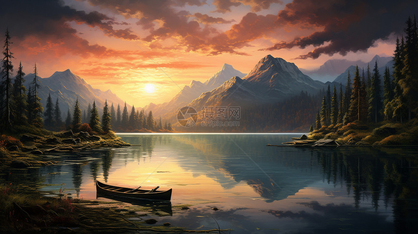 山间森林湖泊的油画插图图片