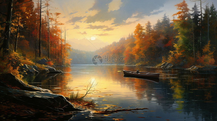 清晨山间湖泊的油画插图图片