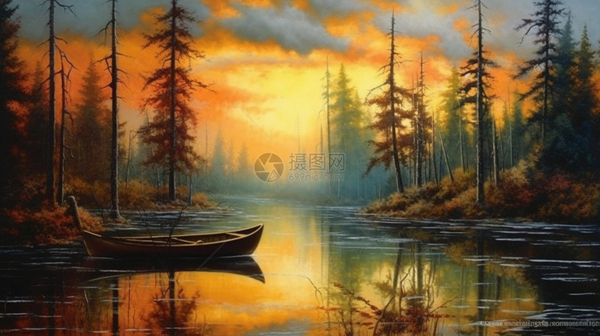 日出森林湖泊的平面插图图片