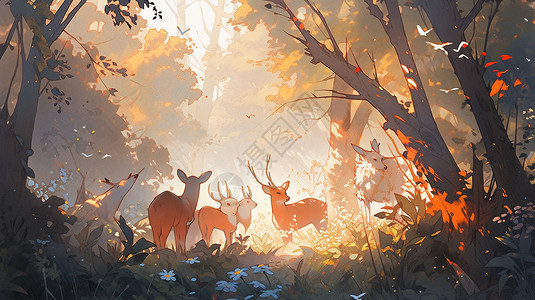梦幻森林中的麋鹿插图背景图片