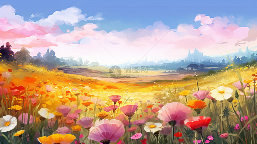 田野中盛开的鲜花创意插图图片