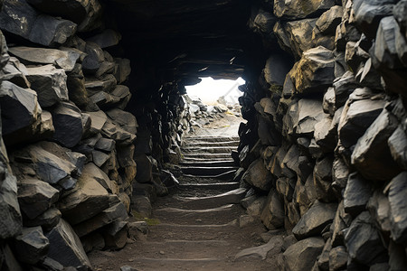 人工堆砌的岩石洞穴入口背景图片