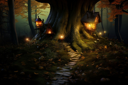 梦幻的林中小屋背景图片