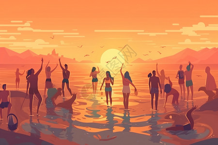 日落时沙滩派对平面插图背景图片