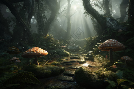 阳光下神秘的森林插图图片