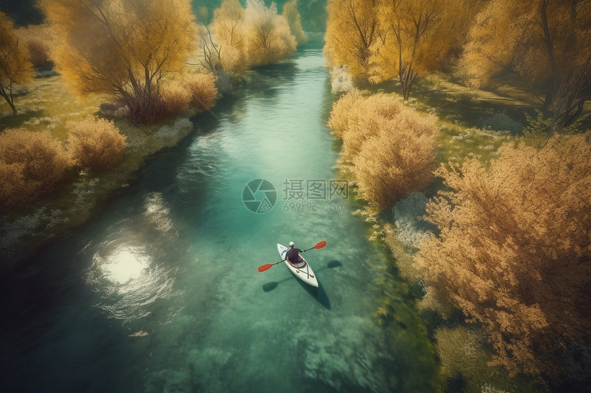秋季河流上的皮划艇图片