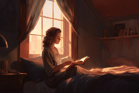 坐在床上伸懒腰床上安静看书的女子插图插画