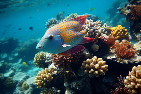 清澈海水中的珊瑚群和鱼群图片