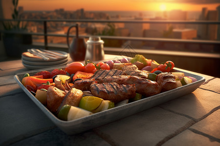 露台烧烤烤肉和蔬菜背景