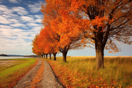 秋季乡间小路上的落叶图片