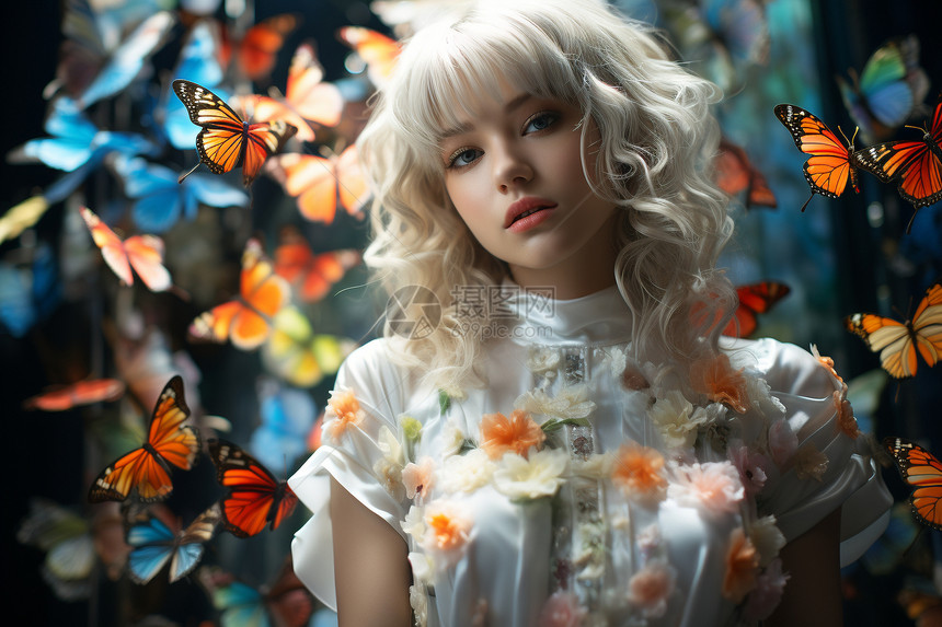 周围围绕着蝴蝶的少女图片