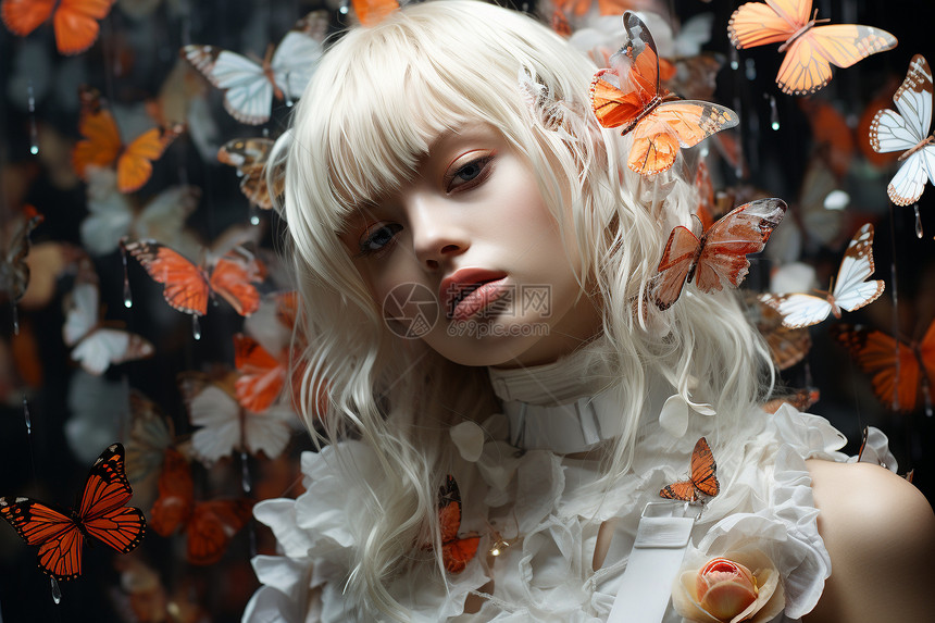 白发女孩和梦幻的蝴蝶图片