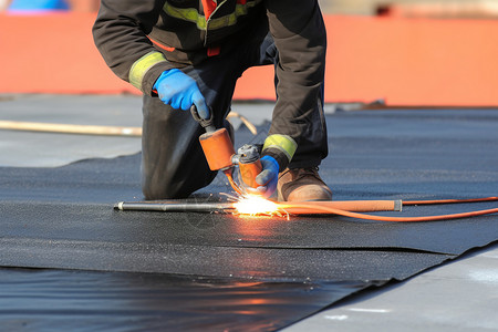 屋顶修复防水工人高清图片