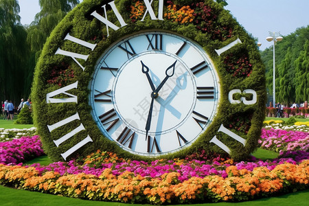 草装饰公园里的巨大时钟背景