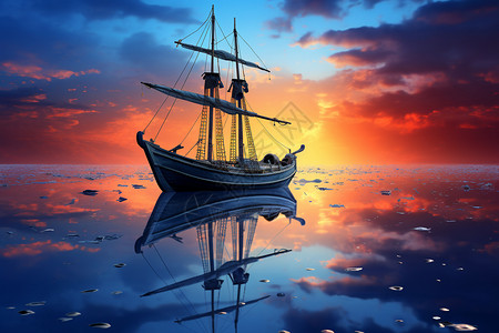日出海面上的木船高清图片