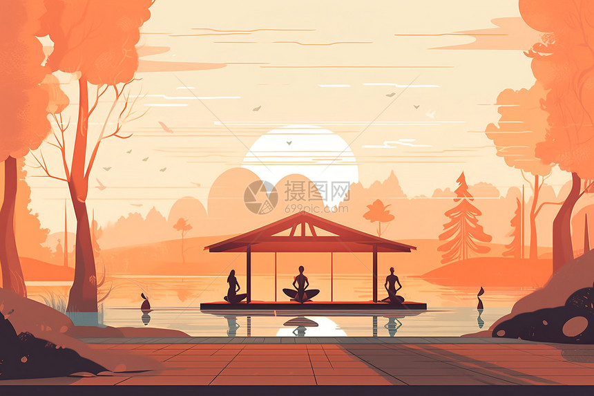 夕阳下的湖中瑜伽平面插图图片