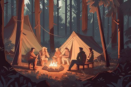 森林露营的朋友插图图片
