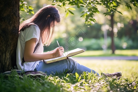 草地上女孩子坐在树下的女孩子背景