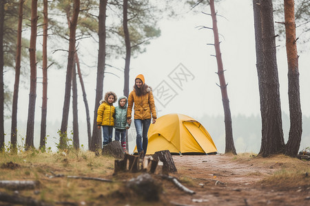 周末森林露营的一家人背景图片