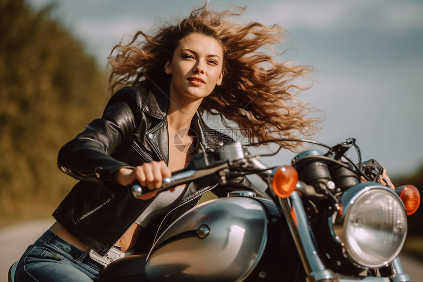 户外骑摩托车的外国女子图片