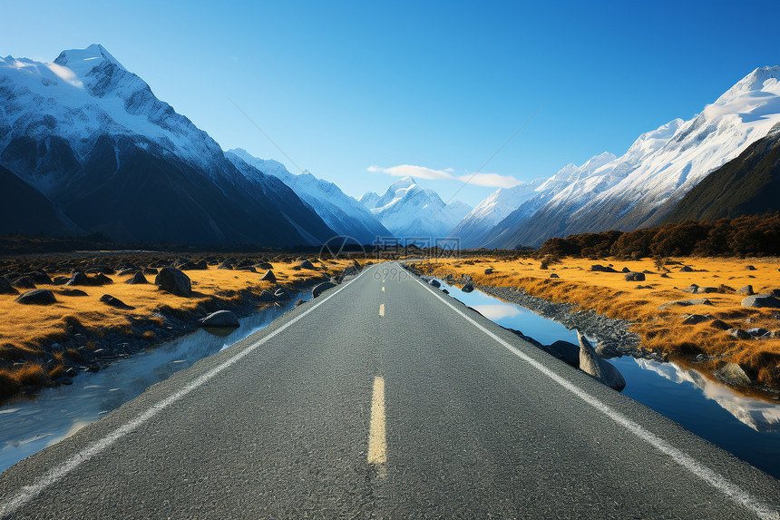 新西兰雪山中的交通公路图片