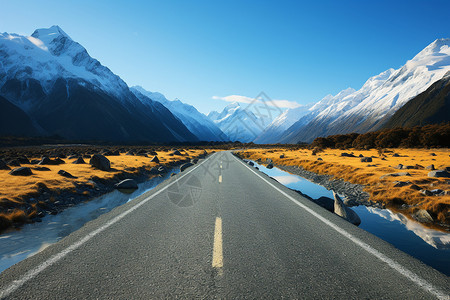 山中度假新西兰雪山中的交通公路背景