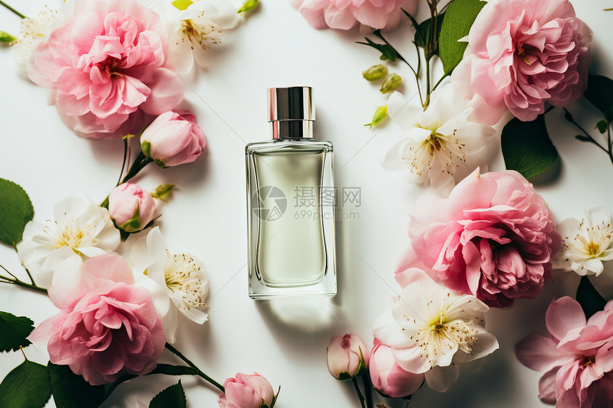 白色背景上的玫瑰味香水图片