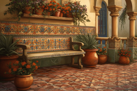 阳台瓷砖地中海露台的装饰插画