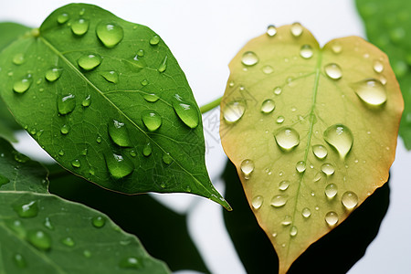 新鲜树叶上的雨滴图片