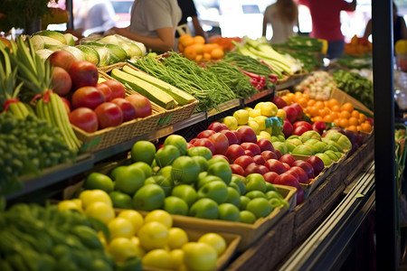 售卖的新鲜蔬菜和水果背景图片