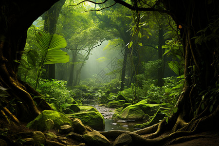 徒步探险的热带丛林景观图片