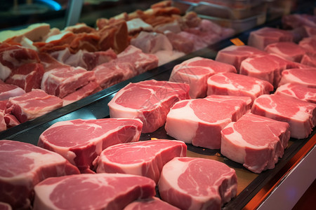 猪肉市场售卖的冷藏的新鲜猪肉背景