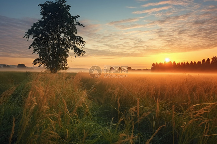 日落迷雾笼罩的农场田野景观图片