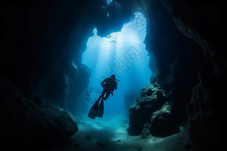 海底洞穴海底中的浮潜者背景