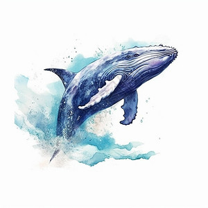 蓝色水彩泼墨跃出海面的鲸鱼水彩插画插画