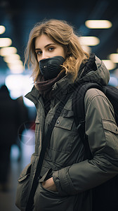 机场带防护面罩的女士背景图片