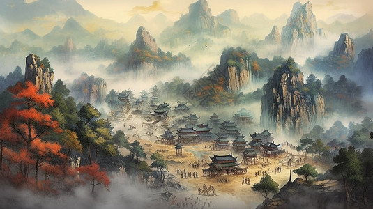 山中的传统建筑国风插画背景图片