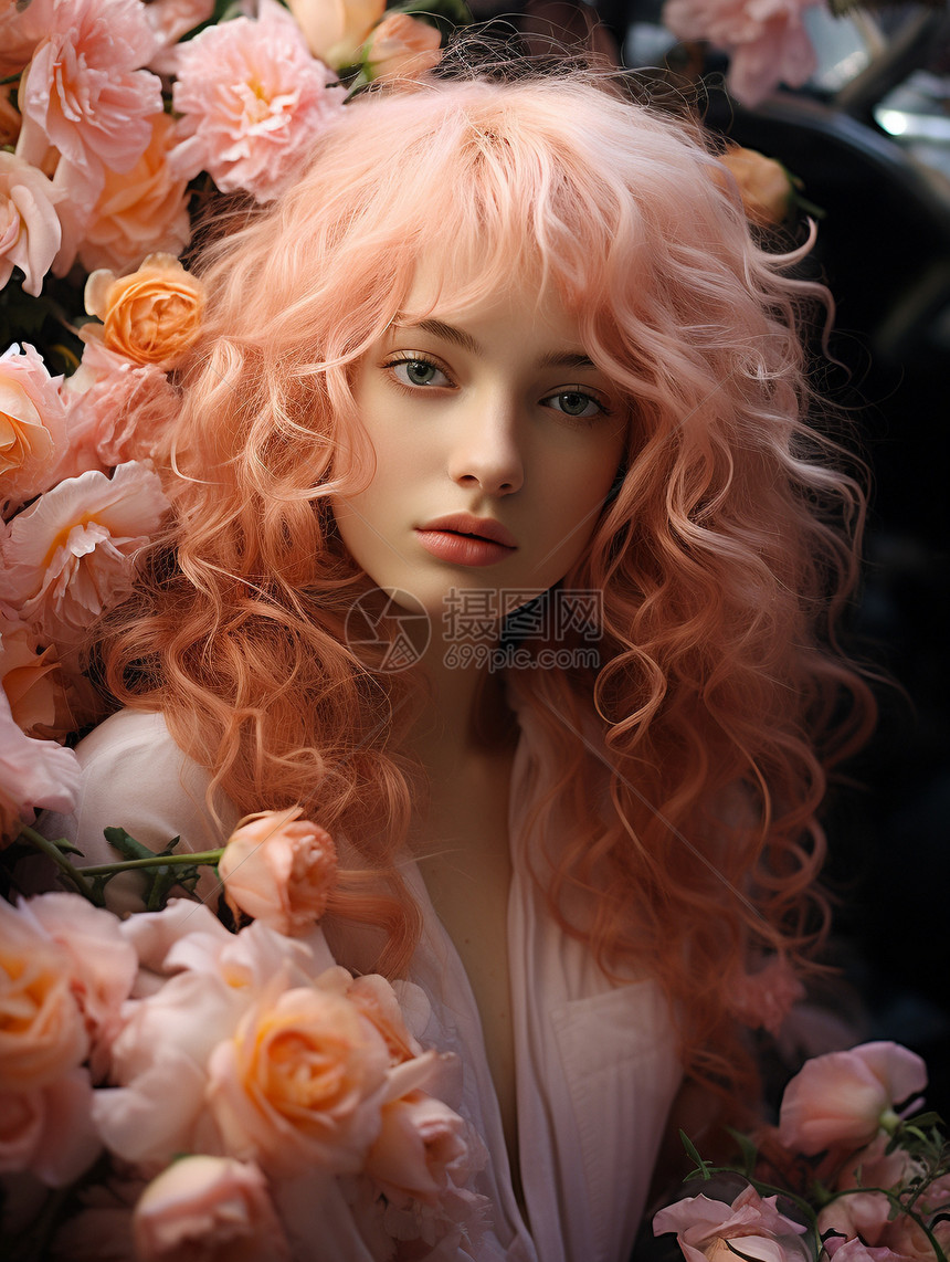 粉色玫瑰与粉发女孩图片