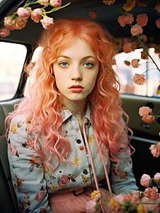 粉色鲜花与橙色卷发女孩图片