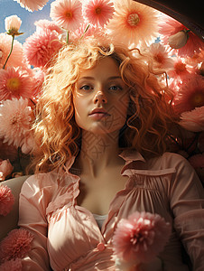 鲜花与粉色卷发女孩背景图片