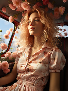 女孩与装满鲜花的车背景图片