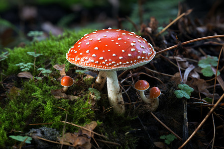红点点蘑菇生长在森林中的野生菌菇背景