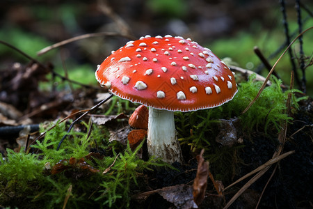 红土壤红白相间的野生蘑菇背景