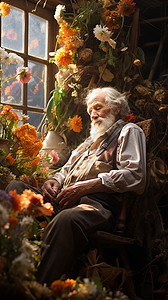 花房里惬意的老人背景图片