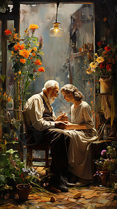 花房中幸福的老年夫妇背景图片