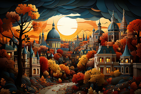 风景如画的秋天小镇景观背景图片