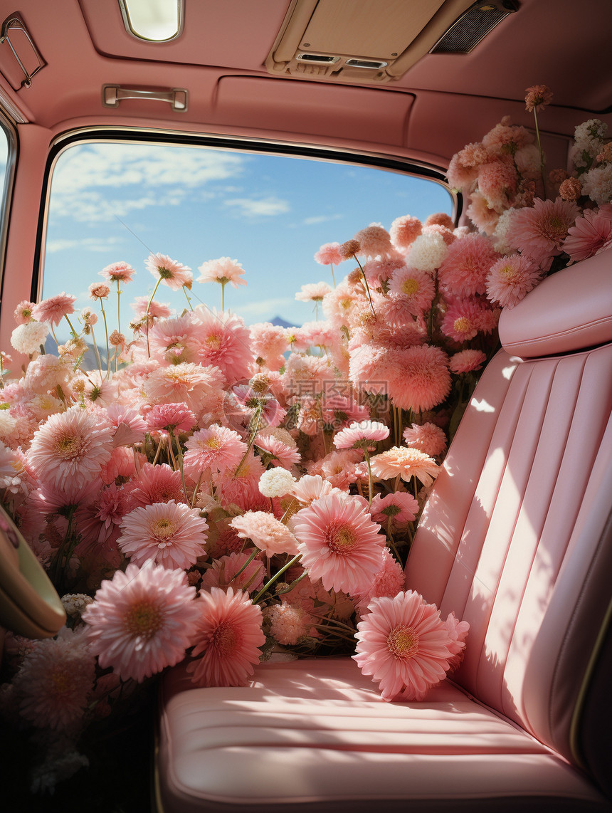 轿车中的鲜花图片
